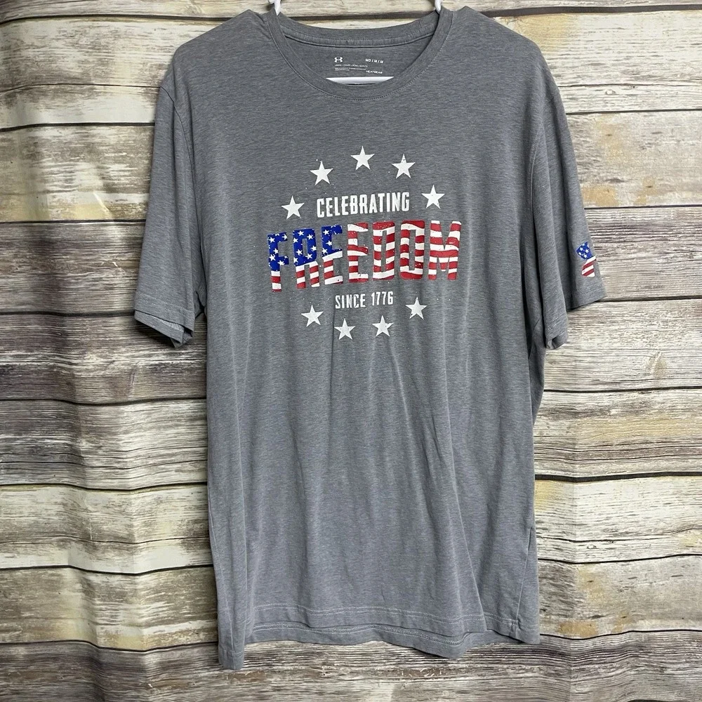 Under Armour Shirt Mens Medium Gray Freedom USA Flag‎ Logo Athletic Cotton Adult